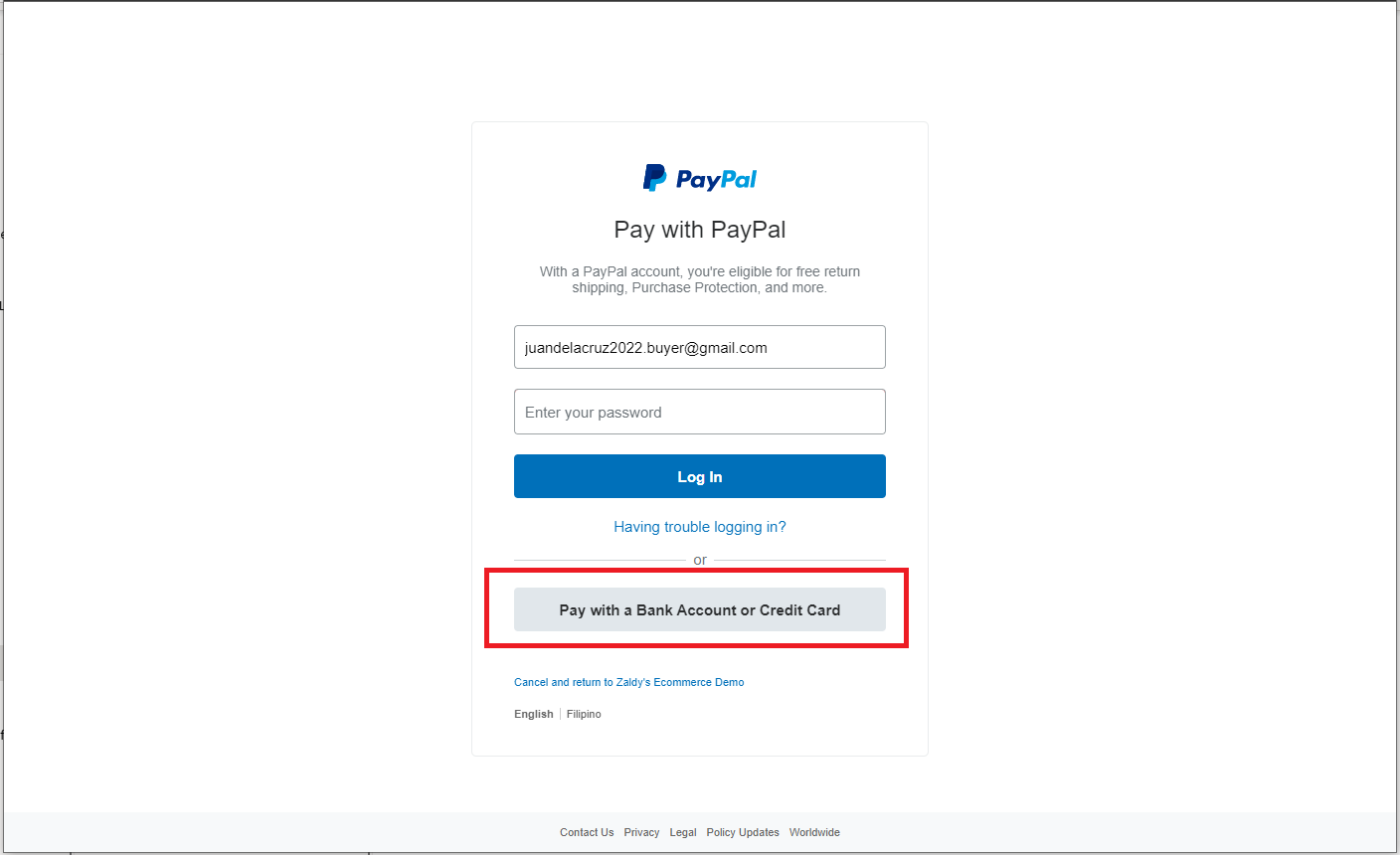 paypal login page